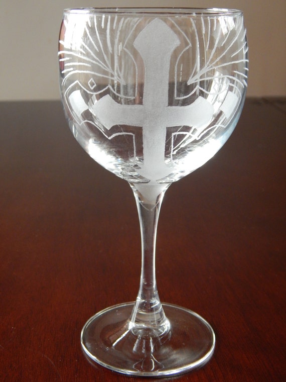 Handetched Cross Design Wine Glass by TheGlassGrape on Etsy