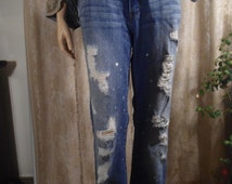 Blue Jeans Womens Plus Size Distressed Destroyed Painted Faded Hippie ...