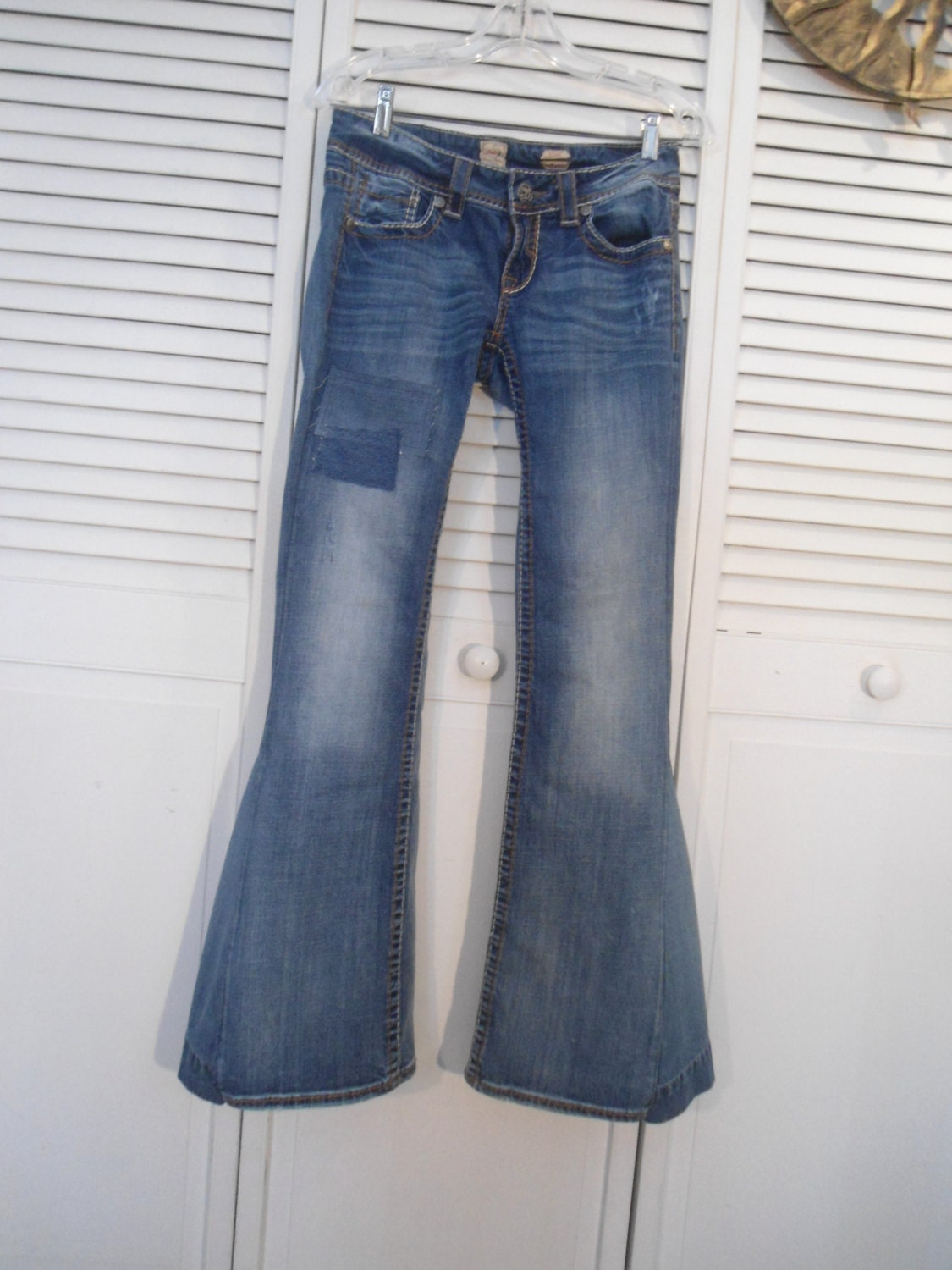 Hip Hugger Jeans Patched Bell Bottom Low Rise Jeans Hippie