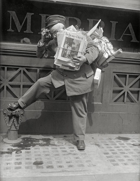 Funny photo Overwhelmed postman.Vintage fine art print. Wall