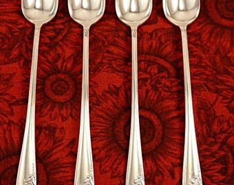 Set 4 Iced Tea Spoons Queen Bess II Vintage Silverplate 1946 Oneida Community Tudor Plate Ice Tea Parfait Spoons Silver Plate Flatware