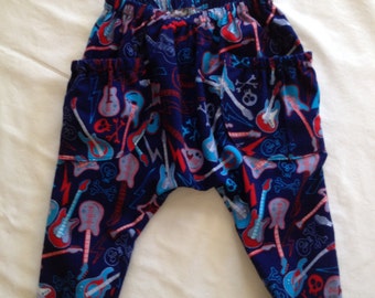 Rock & Roll Guitar Toddler Harem Pants, Flannel Rocker Yoga Pants, Navy Teal Red, Skull and Cross Bones Boys Loose Lounge Pants, Size 4-5 T
