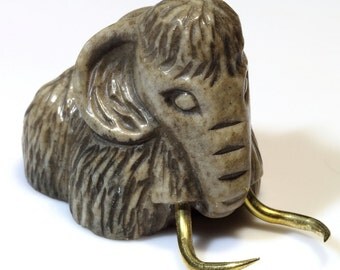 Hand Carved Calcite Mammoth Figurine Sculpture, Natural Solid Stone Animal Carving 2,76"