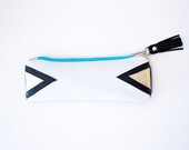 Leather Pencil Case // White Black Gold Pouch // Cosmetic Bag // Triangle Art Deco // Geometric