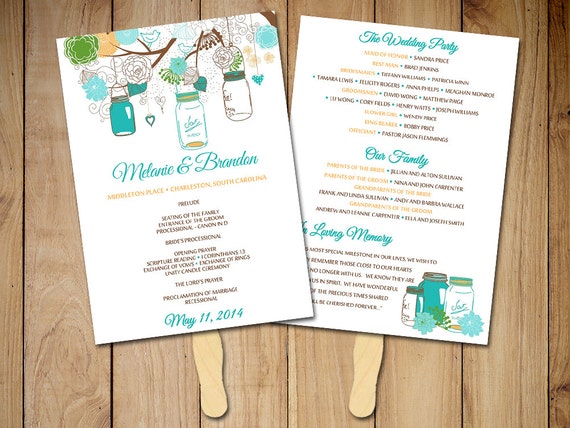 Mason Jar Wedding Program Fan Template Rustic Ceremony Program Turquoise Paradise Instant Jar Wedding Program Templates