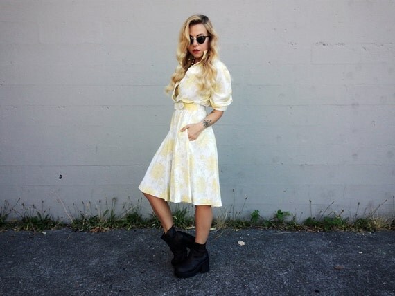 ... Yellow 3/4 Sleeve Collared Summer Dress with Full Skirt and Pockets