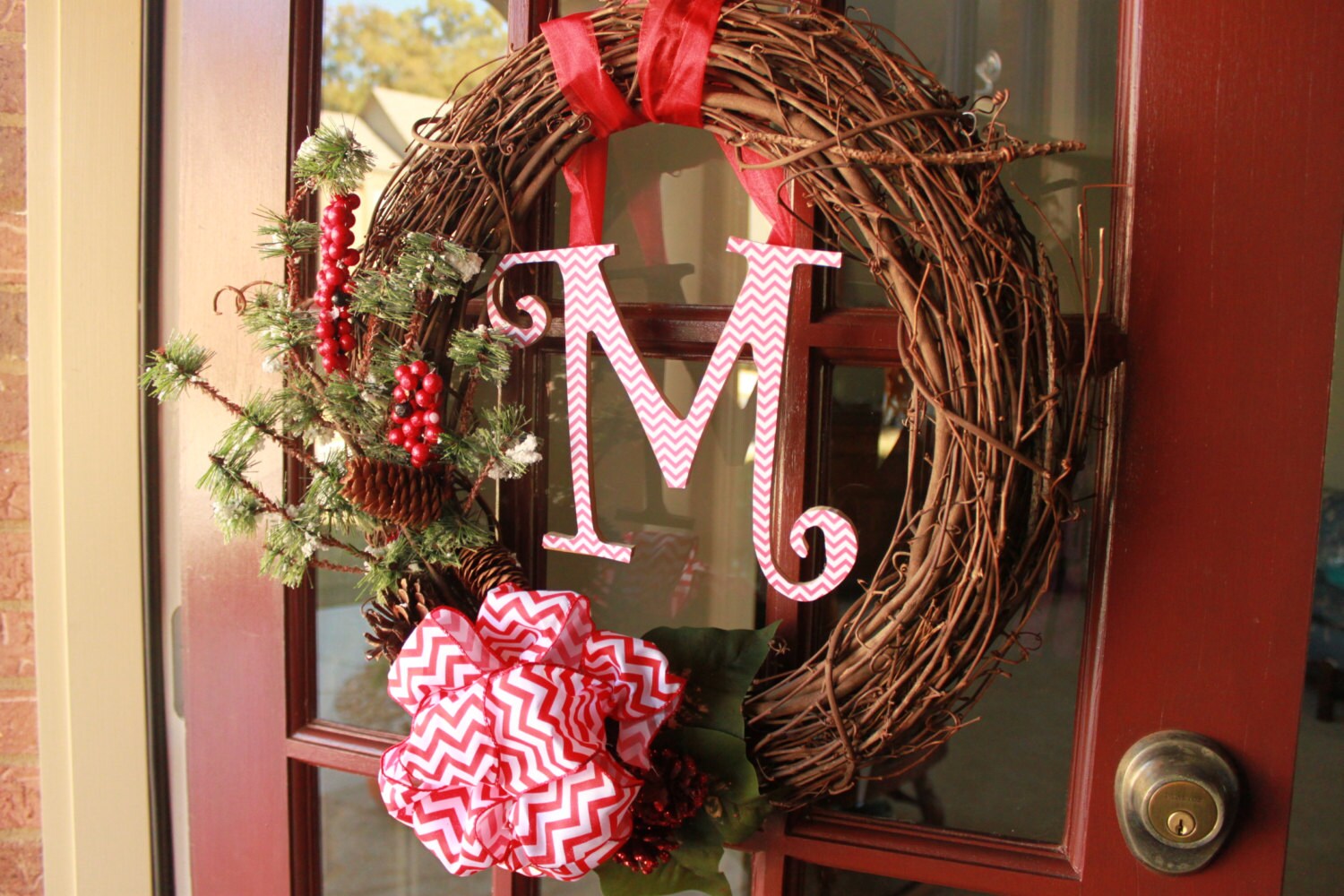 Chevron Initial Rustic Christmas Grapevine Wreath