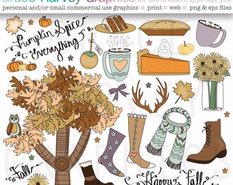 Fall Clipart Hand Drawn Thanksgiving Clipart Set, EPS and PNG files, small commerical or personal use