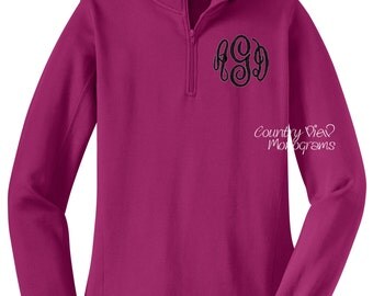 Monogrammed Womens Quarter Zip Sweatshirt-Raspberry with Black-- zip up sweatshirt fleece jacket with several color options