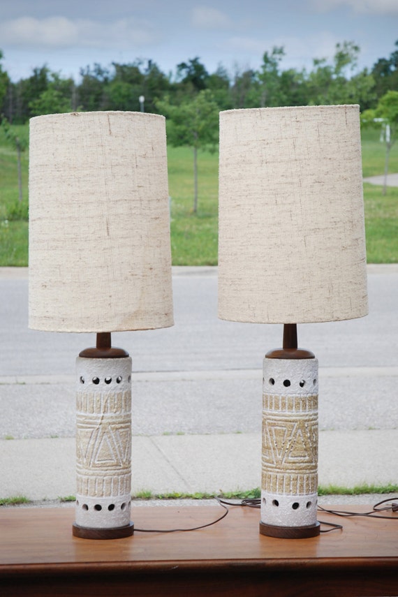 Mid Century Ceramic and Maple wood lamps PAIR by RetroDromme