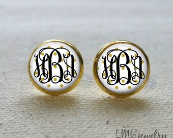 Gold Monogram Earrings, Gold Polka Dot Earrings, White and Gold Earrings, Monogram Stud Earrings