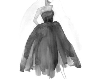 Black & White Strapless Watercolor Dress Art Print