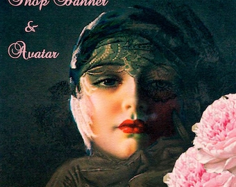 Etsy shop banner, Midnight Rose, blank file, instant download, pinup, flapper hat,black lace veil hat, pink peonies, elegant vintage lady