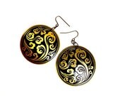1980's Vintage Jewelry-Gold & Black Oriental Ethnic  Raw brass Dangle Statement Round drop earrings- engraved gold black floral decorations