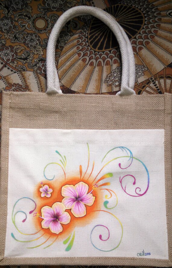 Hand Painted Custom Tote Jute Pink Hibiscus Bag Canvas Floral Bag ...