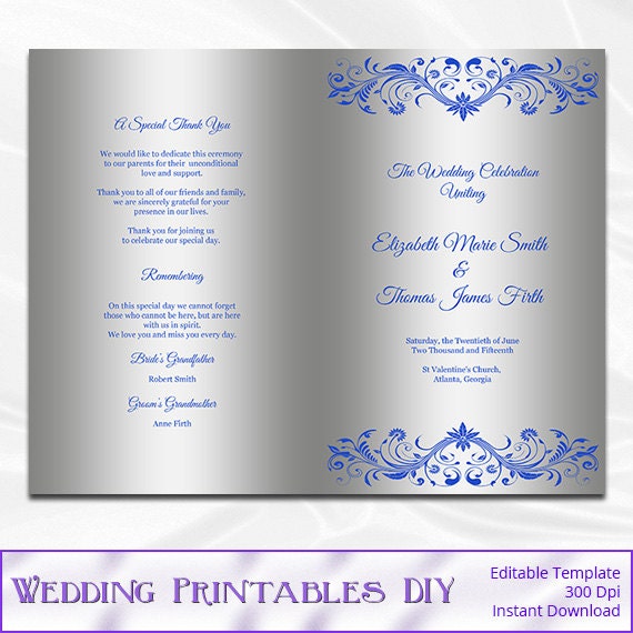 Royal Blue and Silver Wedding Program Template Diy Silver