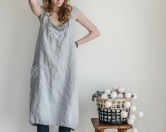 Linen pinafore apron / Square cross linen apron / Japanese style apron / Washed ice blue/silver grey long linen apron / No ties apron