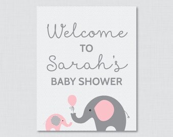 Baby Shower Welcome Sign Printable Personalized Shower Welcome Sign - Pink and Gray Elephant Baby Shower Sign - Welcome Sign - 0024-P