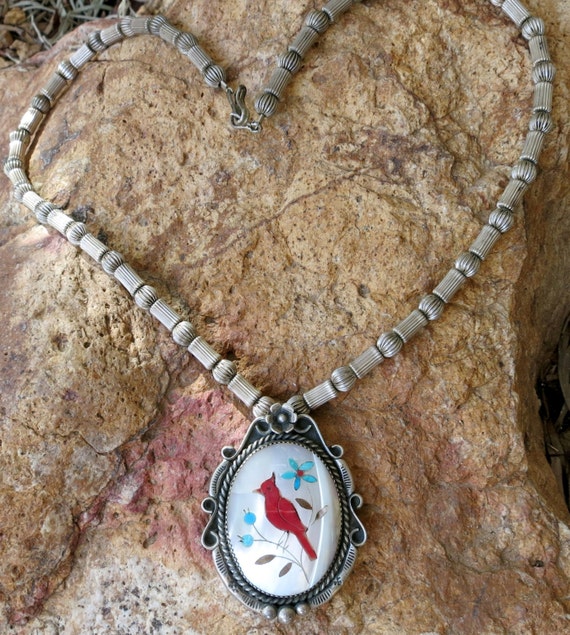 Incredible ZUNI Inlay Cardinal Bird Pendant & by backattheranchaz