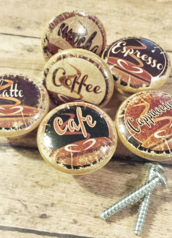 6 Espresso Knobs Drawer Pull Set Handmade Coffee Cafe