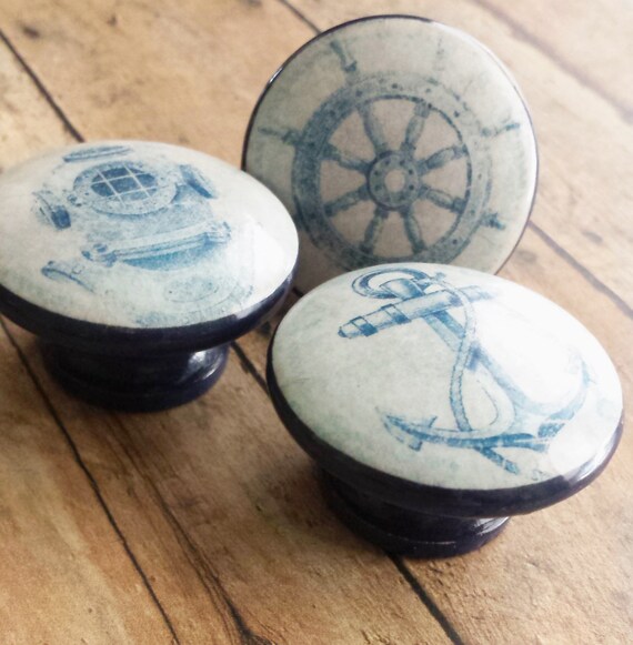 Handmade Nautical Knobs Drawer Pull Set 3 Blue Vintage Style