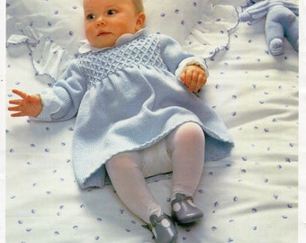 Baby Knitting Pattern Baby Girls Dress with Smocking Baby Dress Lace Collar Baby Smocked Dress 18-22 inch 4 Ply PDF instant download
