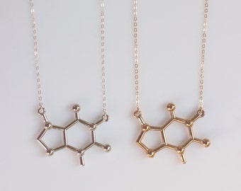 Caffeine Molecule Necklace in Gold or Silver, Chemistry Necklace, Coffee Inspired, Biochemistry Molecule, Biology Jewelry, Coffee Lovers