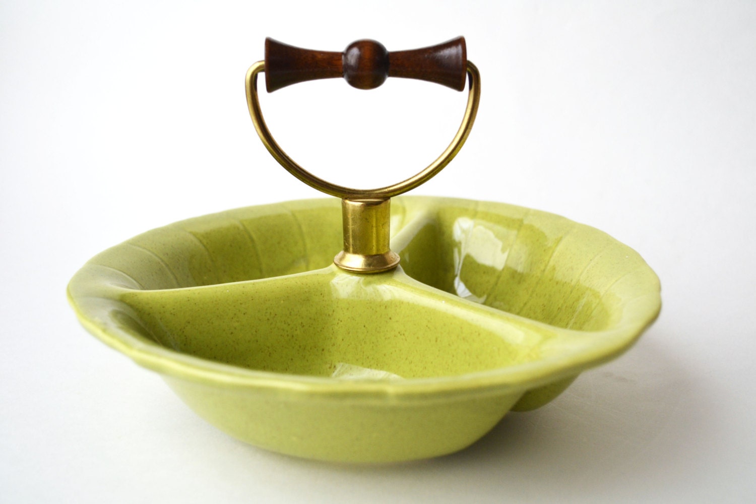 Vintage Mid Century Split Condiment Dish Brass and Wooden