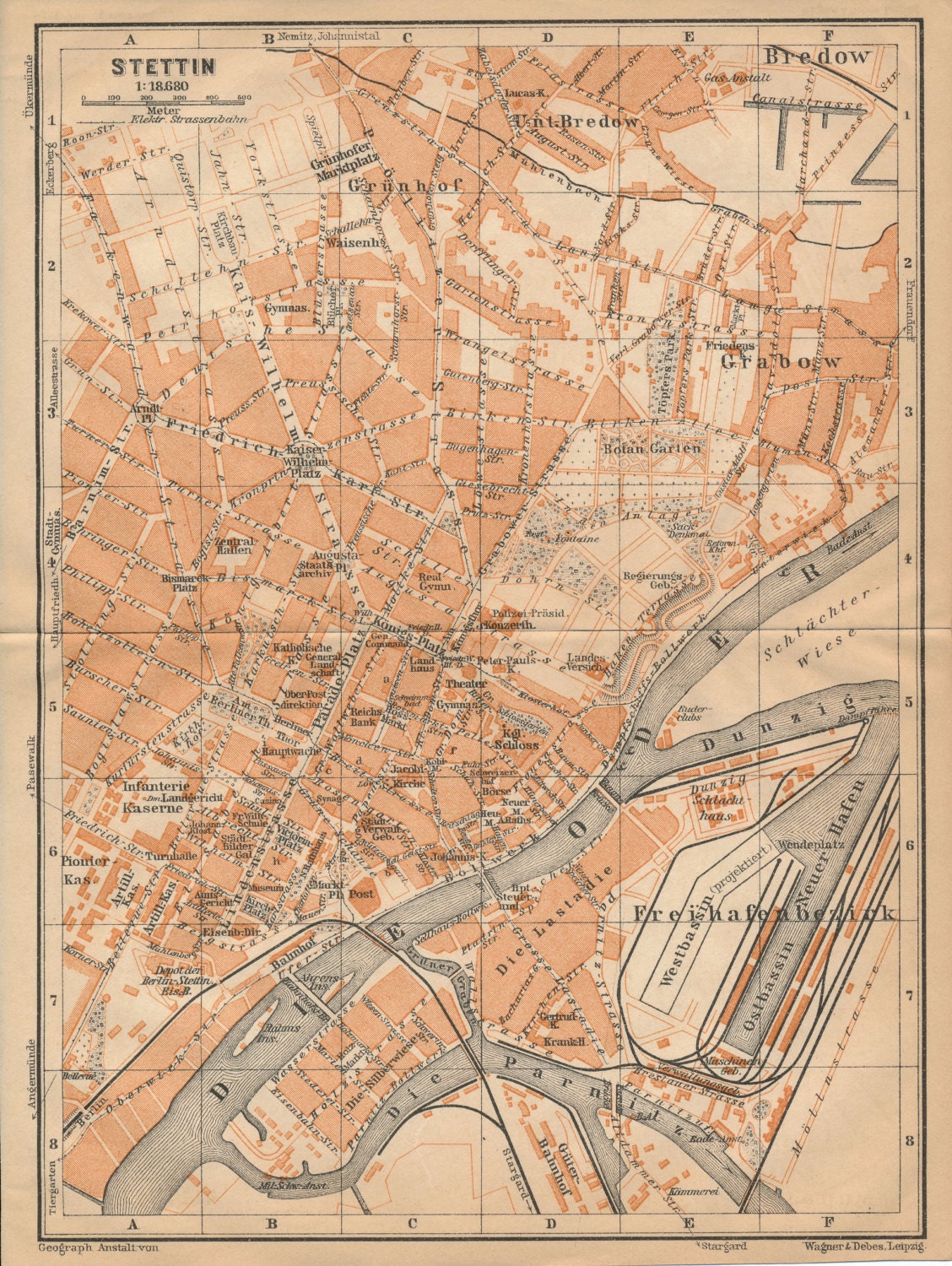 1910 Szczecin Poland formerly Stettin Germany Antique Map