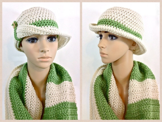 crochet striped fingerless pattern gloves and Scarf Hat Opposing Crochet Fingerless gloves Green Stripes Set