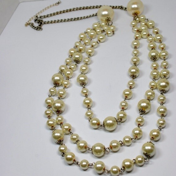 Vintage 3 Strand Pearl Necklace Large Pearl by CrazyAuntDesigns