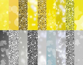 Gold and silver glitter digital paper, "METAL SPARKLE", Glittery and bokeh patterns, Gold bokeh paper, Blue backgrounds