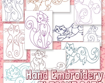 SALE Hand Embroidery Cat Patterns Redwork Kitty Designs Elegant Cats in 4 Sizes PDF Instant Download