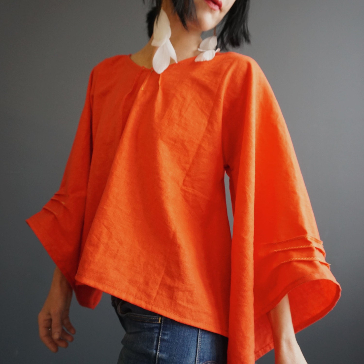 Orange Linen Top Womens Handmade Blouse Bell Sleeve by iheartfink