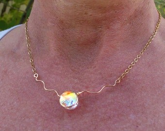 Dichroic Glass Mermaid Tear Choker, Fused Glass Necklace in Translucent Tropical Cha Cha Warm Colors, Dainty, Delicate, Golden Glass