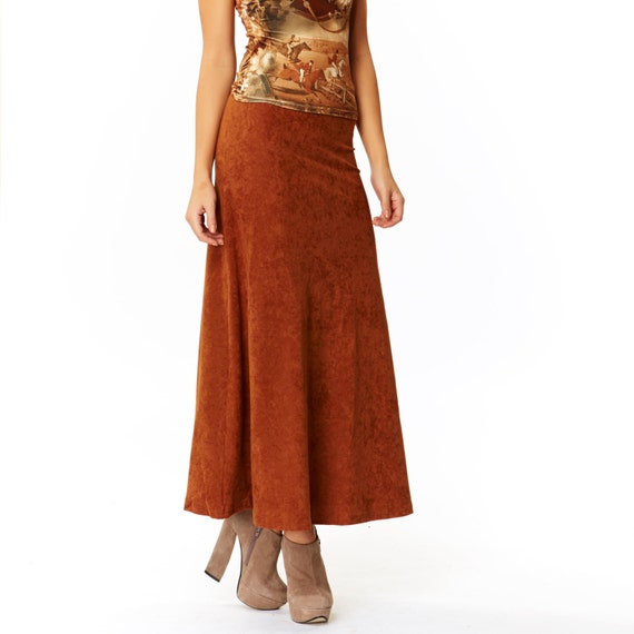 After Party Brown Stretch Suede Maxi Skirt by AmericanDeadstock