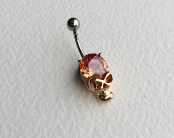 skull belly ring, gold belly ring, crystal belly ring, banana, Belly button ring,bellybutton ring, amber topaz belly ring skull dabs