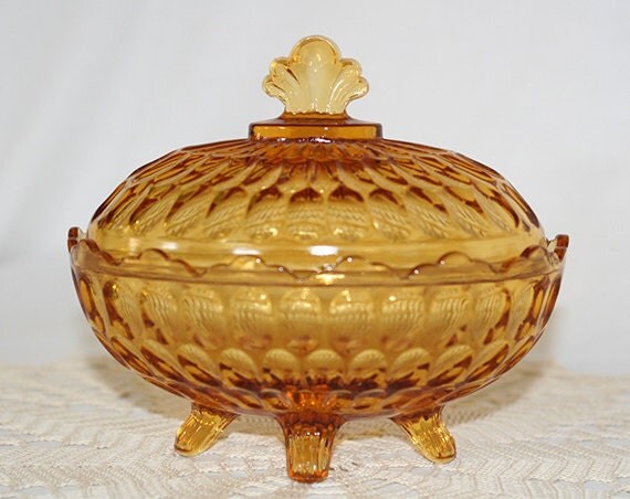 Vintage Amber Glass Oval Footed Bowl with Lid by TimelessEclectics