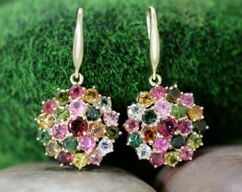 Multicolor Tourmaline Cluster Dangle <Prong> Solid 14K Yellow Gold (14KY) Colored Stone Earrings *Fine Jewelry* (Free Shipping)