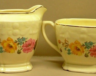 Crooksville Creamer & Sugar Bowl Set, Vintage Yellow Pink Floral # 1238 Pattern, Pantry Bak-In