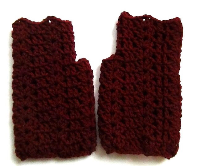 Dark Red Fingerless Gloves, Crocheted Claret Red Wrist Warmers