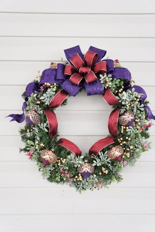 Christmas Wreath, Winter Wreath, Purple and Burgundy Satin Wreath, Victorian Wreath, Boxwood Wreath, Fancy Wreath, Unique Wreath