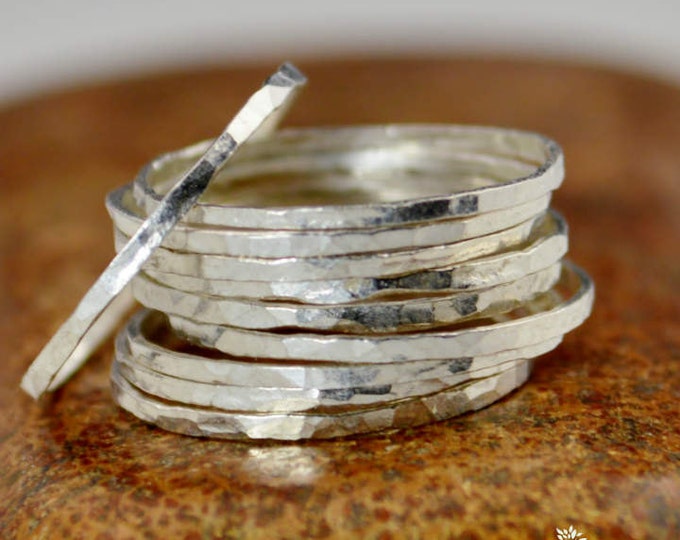 Set of 10 Super Thin Silver Stackable Rings, Skinny Silver Rings, Silver Stack Rings, Silver Stacking Ring, Hammered Silver, Silver Ring