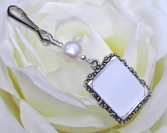Wedding bouquet photo charm. Memorial charm w freshwater pearl and small picture frame. 1 or 2 sided frame. Bridal shower gift for a bride