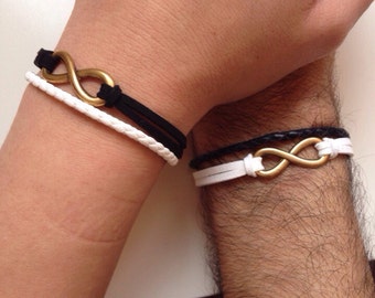 Couples Bracelets 147- friendship love cuff infinity yin and yang bracelet leather braid gift boyfriend girlfriend