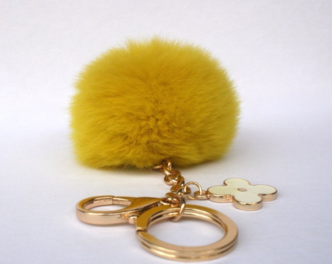 Pom-Perfect Rusty Yellow REX Rabbit fur pom pom ball with black flower keychain