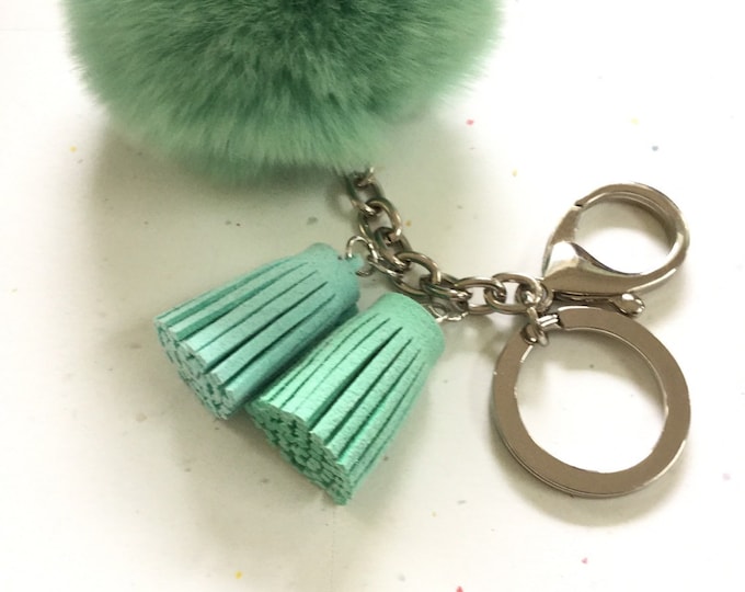 Fur pom pom keychain candy green REX Rabbit bag charm ball with two gradient color leather tassels