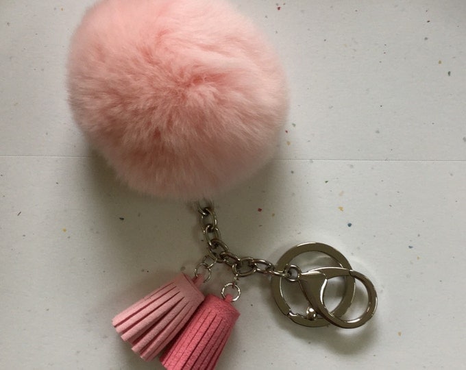 Fur pom pom keychain peach pink REX Rabbit fur ball with two gradient color leather tassels