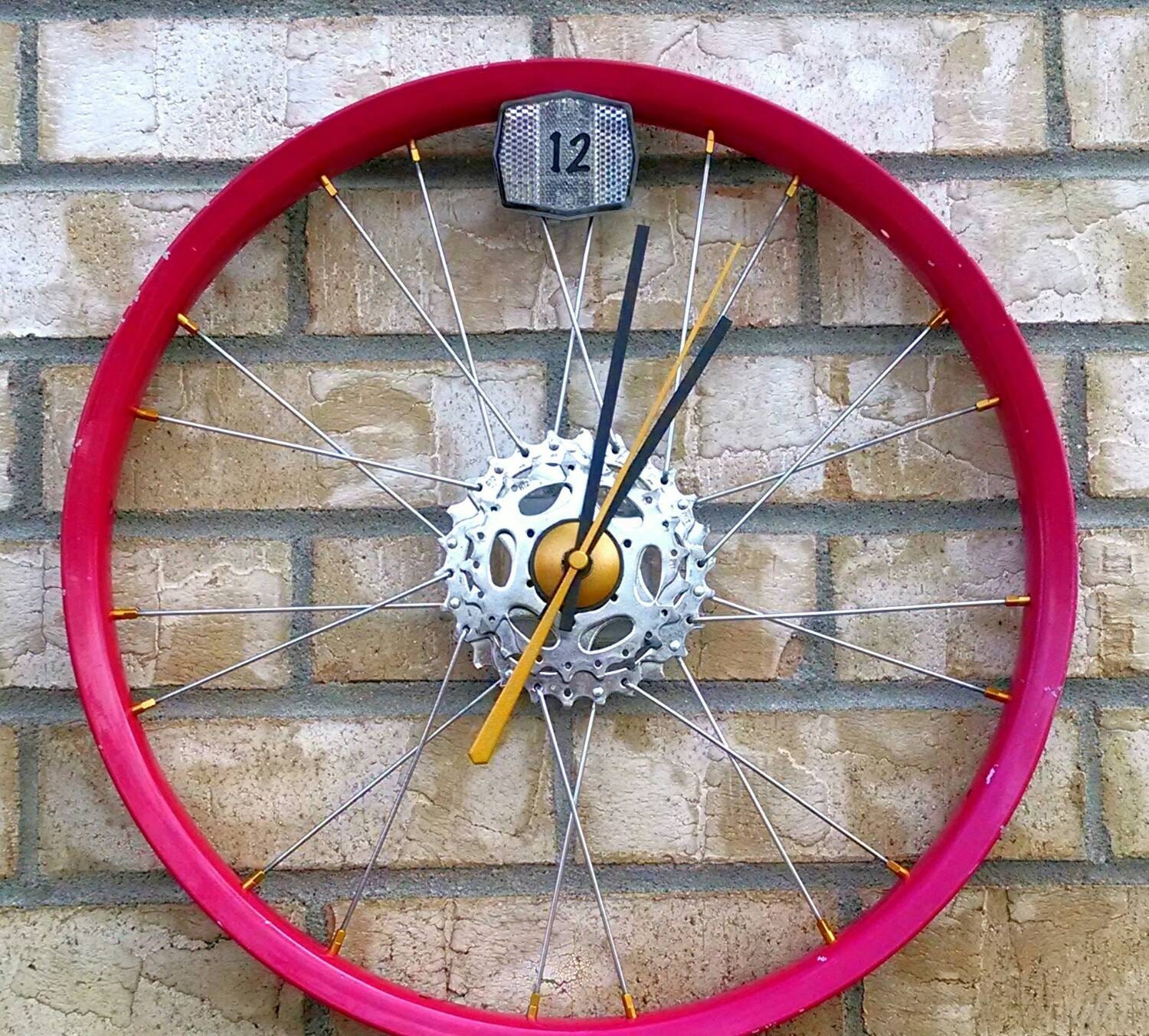 Bicycle Wheel Wall Clock Recycled Bike Parts. Pink Gold