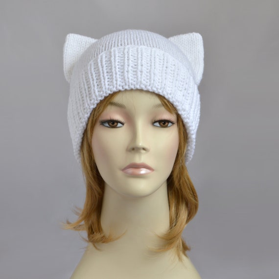 White Cat Hat, Knit Cat Ear Hat or Cat Beanie, Womens Cat Hat or - il_570xN.683276624_mbib